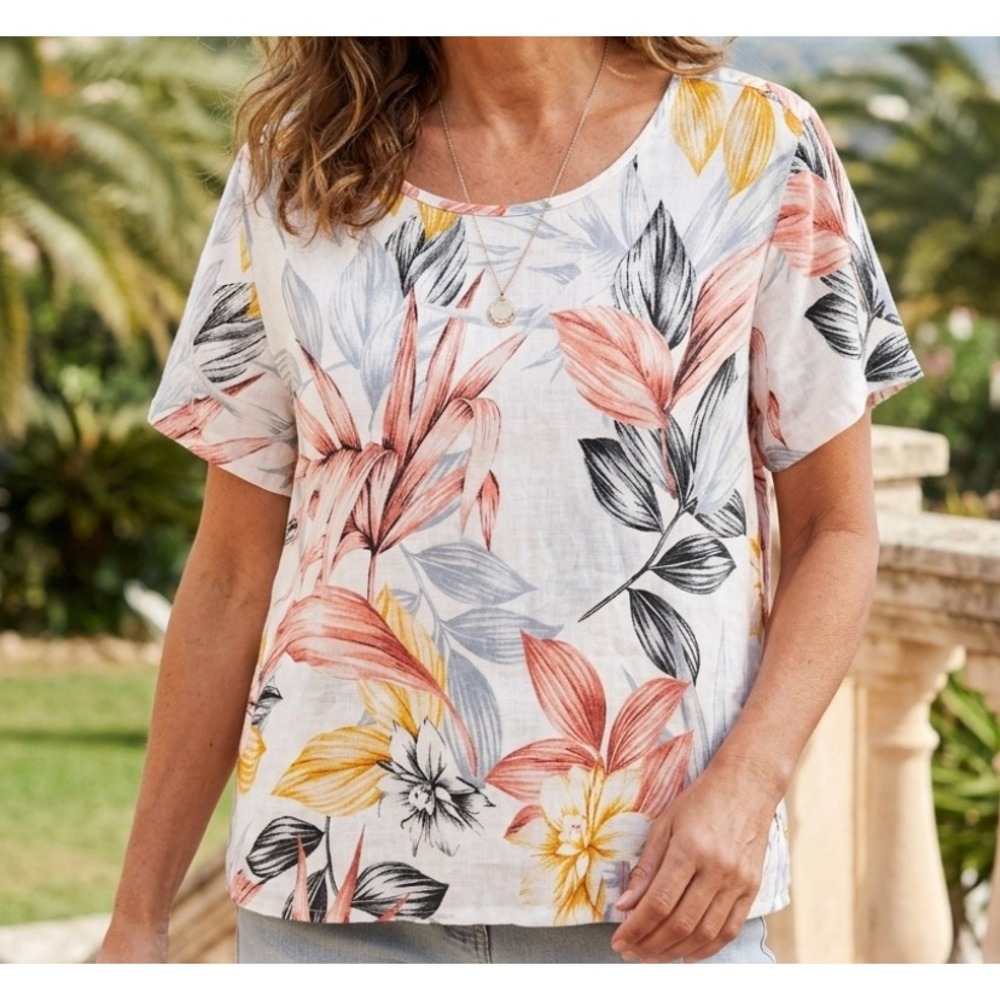 C&C California Women 3X Linen Tropical Floral Short Sleeve Top Blouse